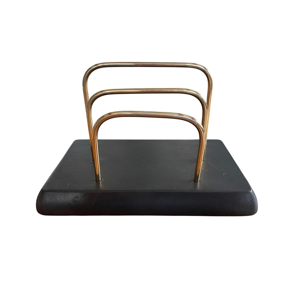 Vintage Tiered Letter Sorter Desk Organizer Gold Wire‎ Black Faux Leather Base